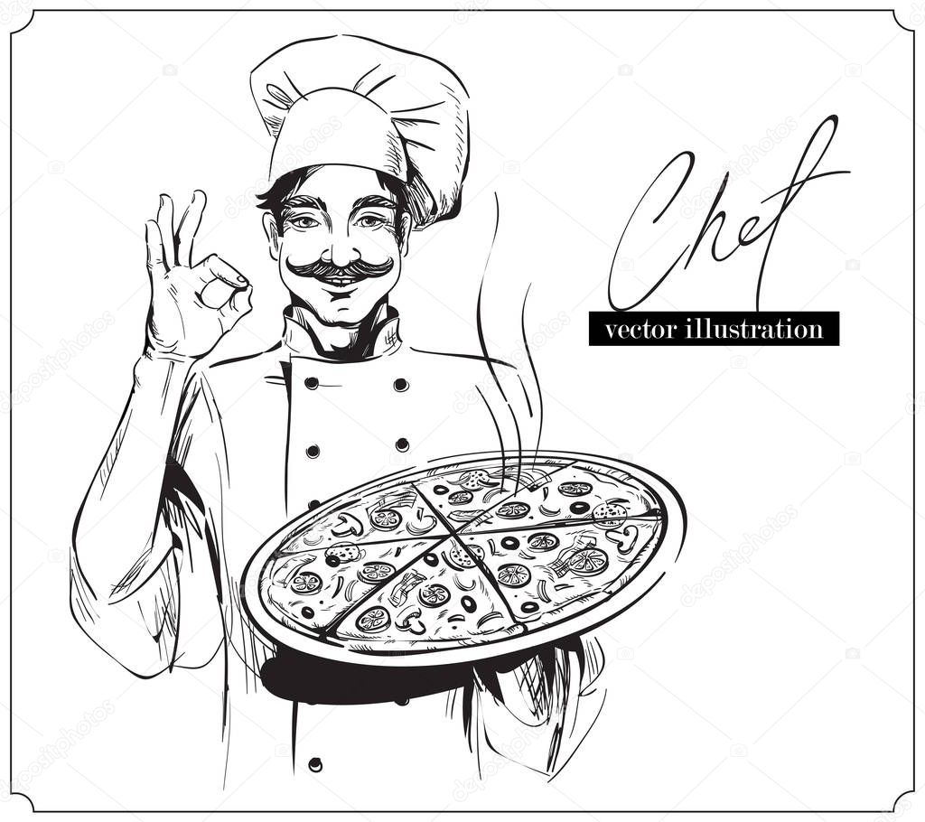 Smiling and happy chef with pizza. Vector hand drawn illustration on white background.