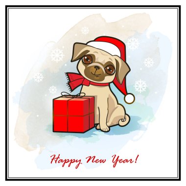 Noel ve yeni yıl kartı ile şirin köpek. Köpekler Santa Claus kılık kılık değiştirmiş. Noel tebrik kartı, davet, etiket, poster, etiket tasarım. 