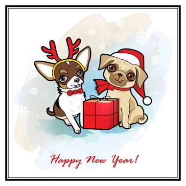 Sevimli köpek ile Noel ve yeni yıl kartı. Köpekler Santa Claus kılık kılık değiştirmiş. Noel tebrik kartı, davet, etiket, poster, etiket tasarım. 