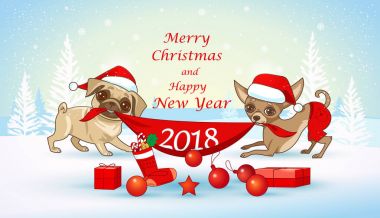 Sevimli köpek ile Noel ve yeni yıl kartı. Noel tasarım tebrik kartı, davet, poster vb..