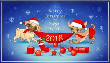Sevimli köpek ile Noel ve yeni yıl kartı. Noel tasarım tebrik kartı, davet, poster vb..