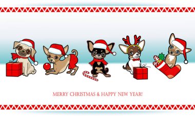 Sevimli köpek ile Noel ve yeni yıl kartı. Köpekler Santa Claus kılık kılık değiştirmiş. Noel tebrik kartı, davet, poster, etiket tasarım. 