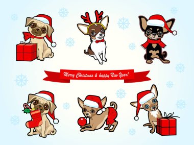 Noel ve yeni yıl çıkartma koleksiyonu ile sevimli köpekler. Köpekler Santa Claus kılık kılık değiştirmiş. Noel tebrik kartı, davet, etiket, poster, etiket tasarım. İllüstrasyon izole beyaz.