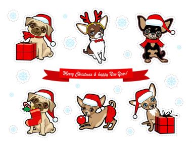 Noel ve yeni yıl çıkartma koleksiyonu ile sevimli köpekler. Köpekler Santa Claus kılık kılık değiştirmiş. Noel tebrik kartı, davet, etiket, poster, etiket tasarım. İllüstrasyon izole beyaz.