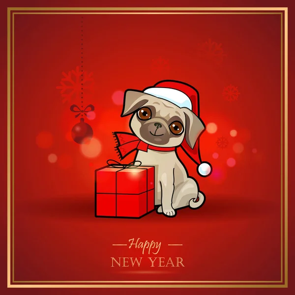 Natal e cartão de ano novo com cão bonito. Natal design cartão de saudação, convite, rótulos, cartazes, adesivos . —  Vetores de Stock