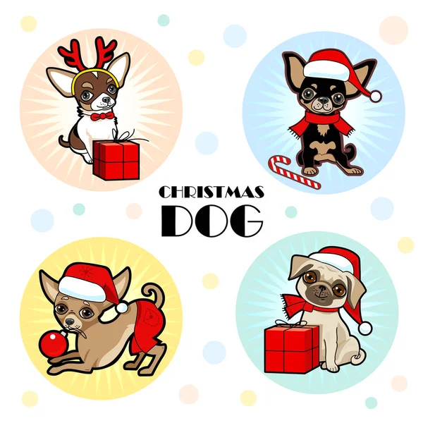 Noel ve yeni yıl çıkartma koleksiyonu ile sevimli köpekler. Köpekler Santa Claus kılık kılık değiştirmiş. Noel tebrik kartı, davet, etiket, poster, etiket tasarım. 