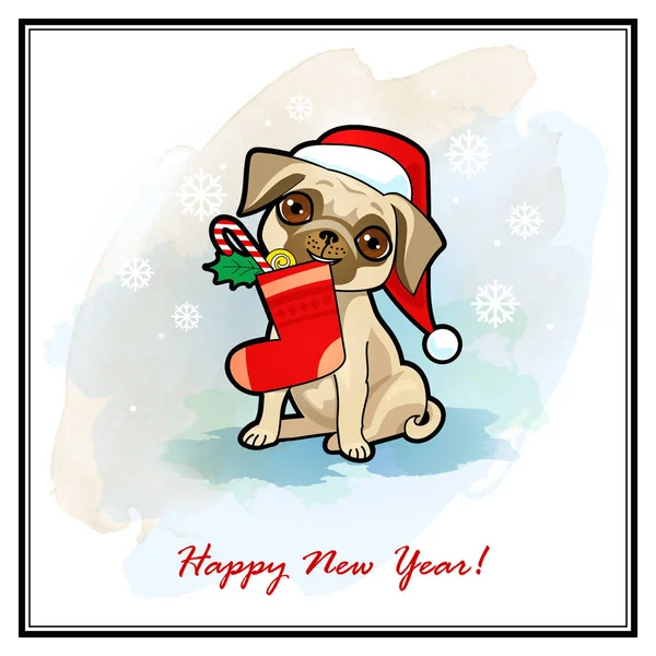 Noel ve yeni yıl kartı ile şirin köpek. Köpekler Santa Claus kılık kılık değiştirmiş. Noel tebrik kartı, davet, etiket, poster, etiket tasarım. 