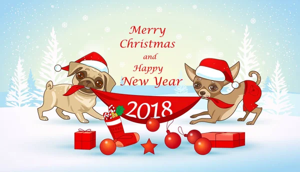 Tarjeta de Navidad y año nuevo con perros lindos. Tarjeta de felicitación de diseño de Navidad, invitación, cartel, etc. . — Archivo Imágenes Vectoriales