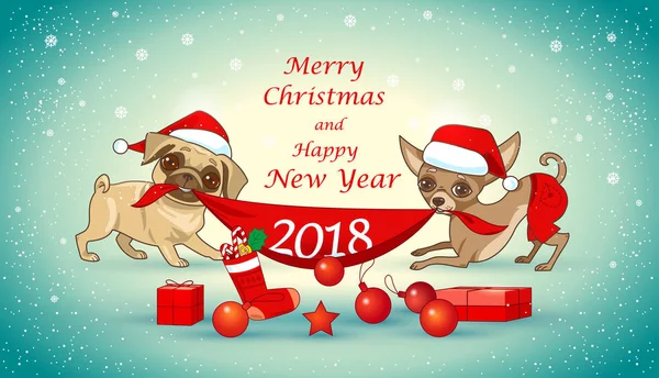 Tarjeta de Navidad y año nuevo con perros lindos. Tarjeta de felicitación de diseño de Navidad, invitación, cartel, etc. . — Archivo Imágenes Vectoriales