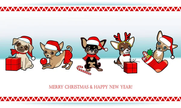 Sevimli köpek ile Noel ve yeni yıl kartı. Köpekler Santa Claus kılık kılık değiştirmiş. Noel tebrik kartı, davet, poster, etiket tasarım. 