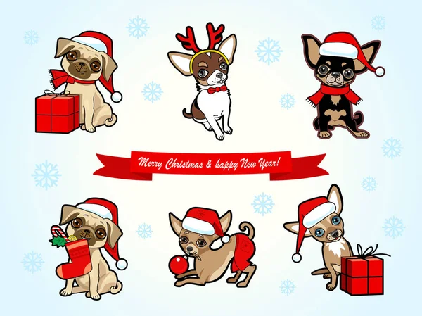 Noel ve yeni yıl çıkartma koleksiyonu ile sevimli köpekler. Köpekler Santa Claus kılık kılık değiştirmiş. Noel tebrik kartı, davet, etiket, poster, etiket tasarım. İllüstrasyon izole beyaz.