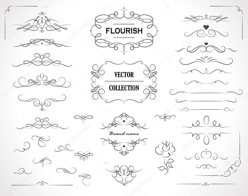 Set of flourish frames, borders, labels. Collection of original design elements. Vector calligraphy swirls, swashes, ornate motifs and scrolls. 