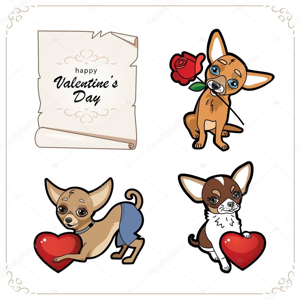 Set of cute chihuahua dogs with heart and rose for Valentine's day card. Vector illustration isolated on white.