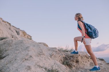 Sırt çantalı genç bir turist dağa tırmanıyor.