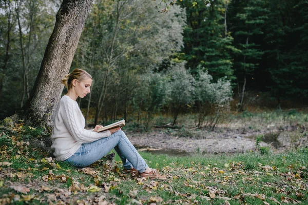 Junge Frau in weißem Pullover und blauer Jeans liest unter einem Baum im Park ein Buch — Stockfoto