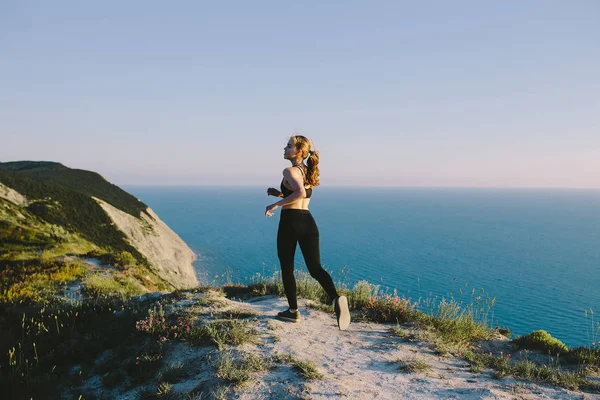 Young Attractive Sport Woman Running Country Road Sea Girl Teenager — Stock Photo, Image