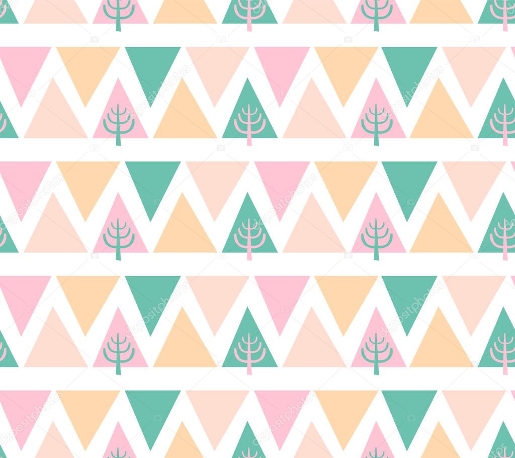 seamless pattern spruce and mountains scandinavian nordic style with pink and green yellow triangles and spring tree vector ornament for design fabric textile wrapping paper wallpaper premium vector in adobe illustrator