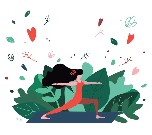 Young woman cartoon character doing yoga pose on nature. Flat hand drawn, doodle illustration scandinavian style and abstract symbols with inscription Yoga Time.  Sport, activity concept for design