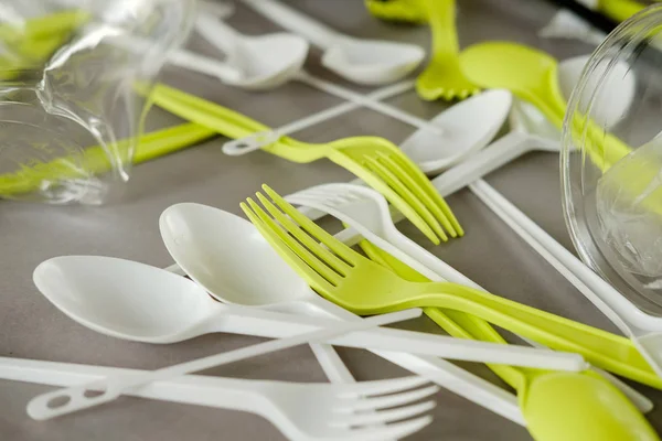 Plastic Spoons Forks Cups Single Use Disposable Tableware Plastic Pollution — Stock Photo, Image