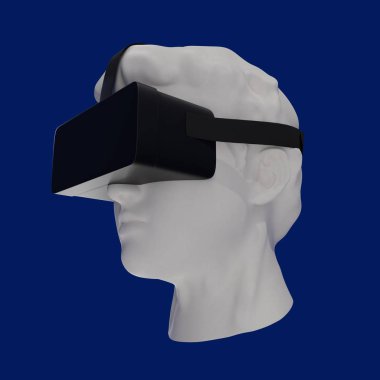 Sanal gerçeklik kulaklığı olan antik bir heykelin başı. Mermer heykel üzerinde Vr baş monte ekran izole. 3D görüntüleme. Teknoloji, Çağdaş Sanat, Sanallık, Oyun, Video Oyunları Konsepti 