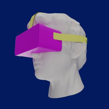 Pembe sanal gerçeklik kulaklığı olan antik bir heykelin başı. Mermer heykel üzerinde Vr baş monte ekran izole. 3D görüntüleme. Teknoloji, Çağdaş Sanat, Sanallık, Oyun, Video Oyunları Konsepti 
