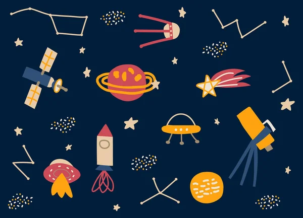 Ručně Kreslené Kreslené Kreslené Ilustrační Rakety Planety Kometa Hvězdy Ufo — Stock fotografie