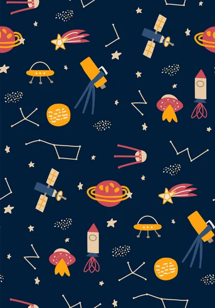Seamless pattern Space exploration, space trip. Hand drawn cartoon rocket, planets, comet, stars, ufo. Childish, Scandinavian style background.  Vector Illustration for textile, fabric, wallpaper, web design