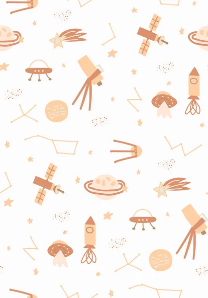 Seamless pattern Space exploration, space trip. Hand drawn cartoon rocket, planets, comet, stars, ufo. Childish, Scandinavian style background.  Illustration for textile, fabric, wallpaper, web design