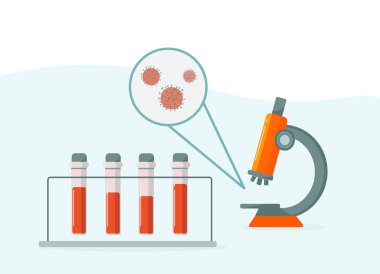 Wuhan Coronavirus 2019-ncov. Laboratuvar laboratuarında deney için kan, mikroskop ve virüs test tüpleri. Aşı üretimi. Vektör. Boşluğu kopyala 