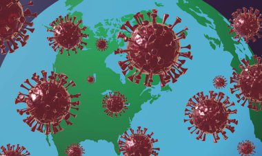 Dünya gezegeninin arka planında Coronavirus COVID-19. 2019-nCov, SARS-CoV-2 virüsü ve küresel dünya. 3d oluşturma.