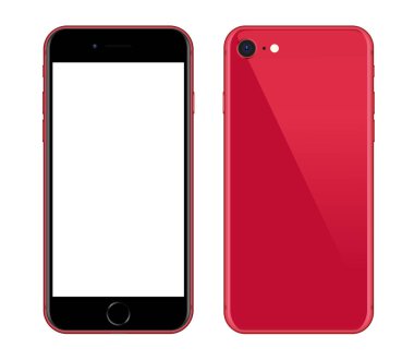 Anapa, Rusya Federasyonu - 15 Nisan 2020: Yeni Kırmızı Iphone SE, ön ve arka taraf. Akıllı telefon beyaz ekran ile modellenir. Uygulama, web, sunum, tasarım.