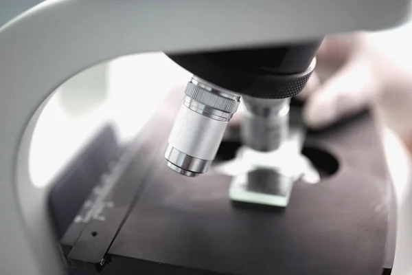 Close Scientist Hands Microscope Examining Samples Laboratory — Stock Photo, Image