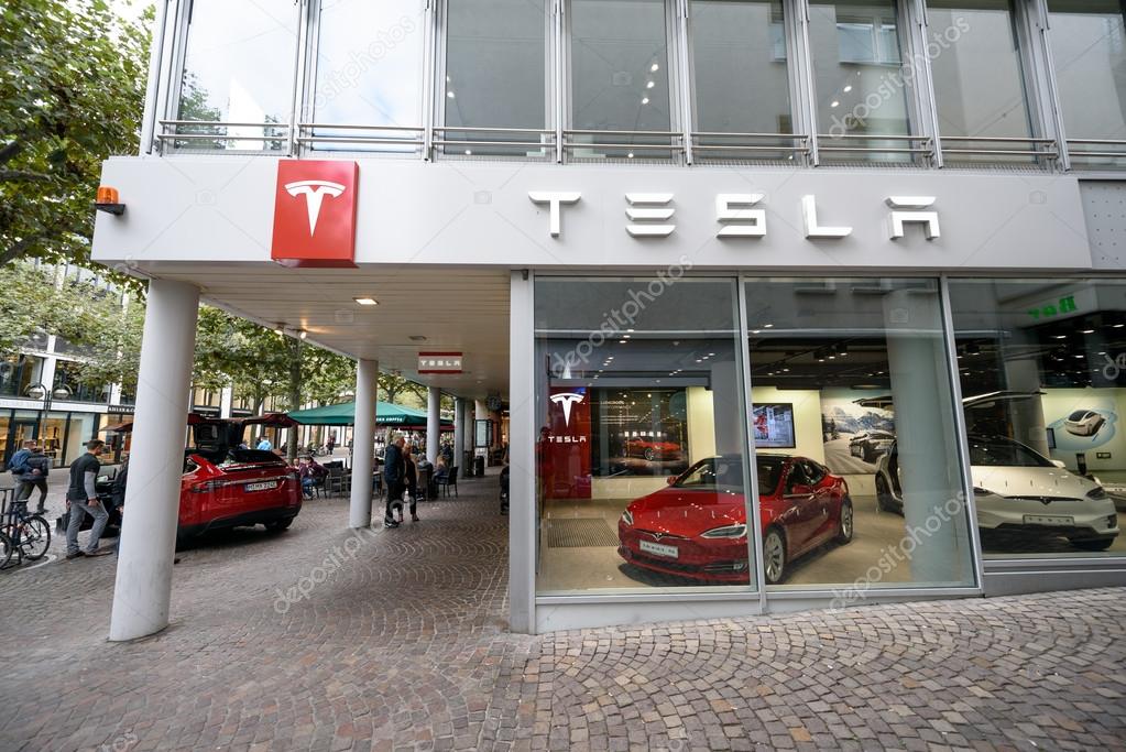FRANKFURT, GERMANY - OCTOBER 08, 2016: Tesla machine shop in Frankfurt center. Tesla is an American public company designs, manufactures, and sells electric car