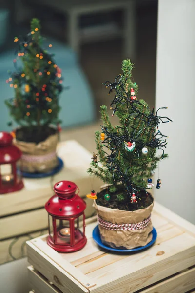 Julgran med ljus och lykta — Stockfoto