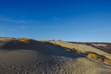 parlak mavi gökyüzü ve ayak üzerinde kum tepeleri yakınındaki Leba, Slowinski Milli Parkı, Polonya