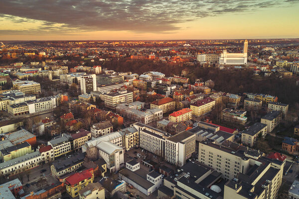 Kaunas old town at sunset, drone view