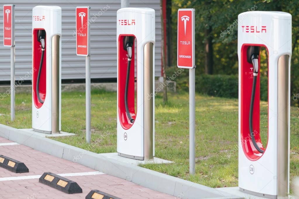 KATOWICE, POLAND - AUGUST 26, 2017: Tesla Supercharger station in Orlen Gas Station, Katowice. Tesla motors develops network of the charging stations across Europe and World