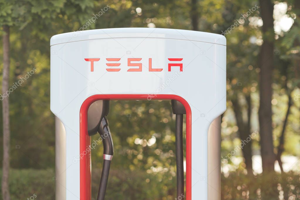 KATOWICE, POLAND - AUGUST 26, 2017: Closeup of Tesla Supercharger. Tesla motors develops network of the charging stations across Europe and World