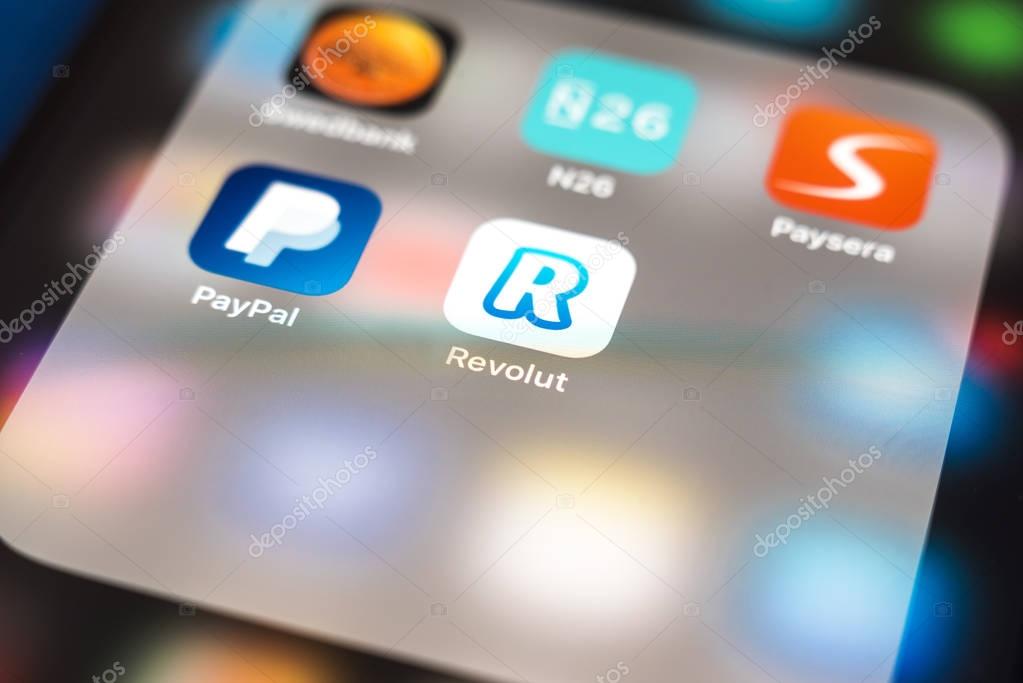KAUNAS, LITHUANIA - DECEMBER 23, 2017: Revolut app logo. Revolut is a digital banking alternative that includes a pre-paid debit card, currency exchange, and peer-to-peer payments.