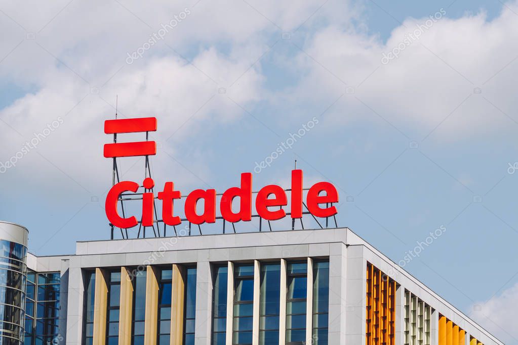 CITADELE bank logo in Riga, Latvia. AS Citadele banka is a Latvian bank. The principal market of operation for the Citadele Group is the Baltic states