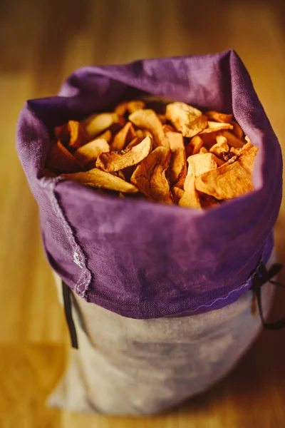 Dried Apples Bag Wooden Background — Stock Photo, Image