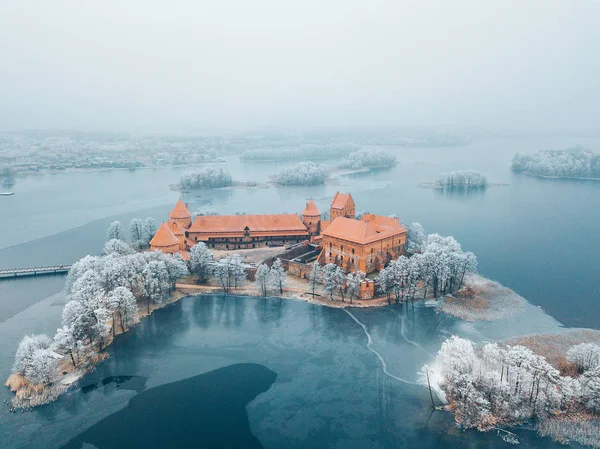 Castillo Isla Trakai Temporada Invierno Vista Aérea Lituania — Foto de Stock