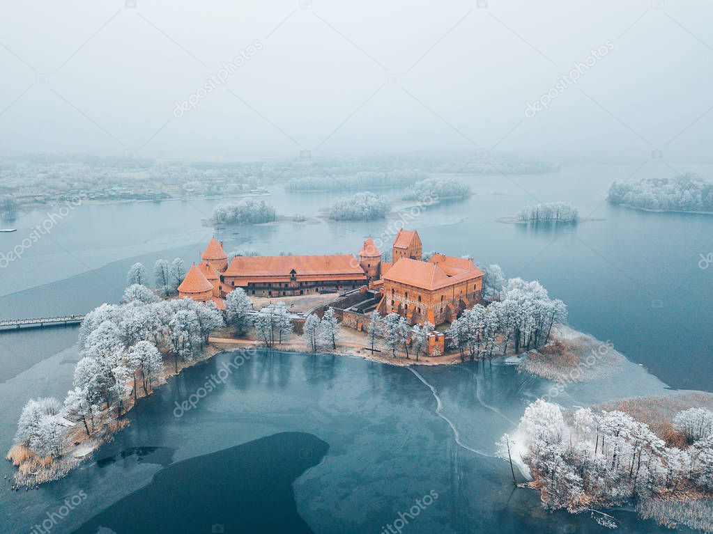 Trakai Island Castle, winter season, aerial view. Lithuania