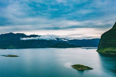 Drone aerial view of blue Norway fjord water