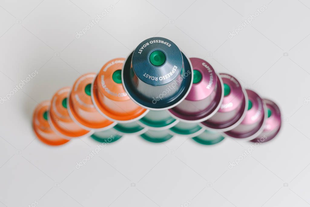 KAUNAS, LITHUANIA - JANUARY 16, 2020: Starbucks branded metal Nespressso espresso capsules isolate on white background