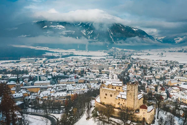 Drone Vista Aérea Bruneck Invierno Ciudad Más Grande Del Valle — Foto de Stock