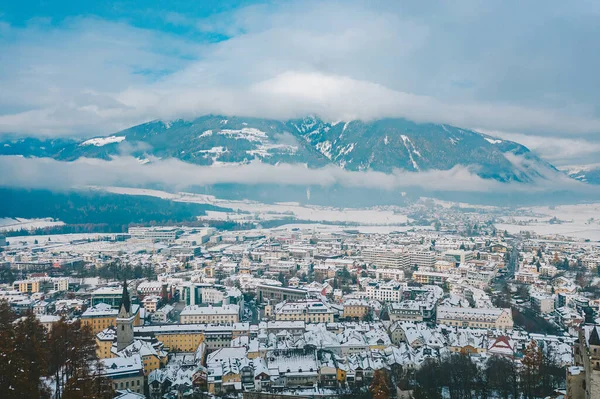 Drone Aerial View Bruneck Winter Largest Town Puster Valley Italian — Stock Photo, Image