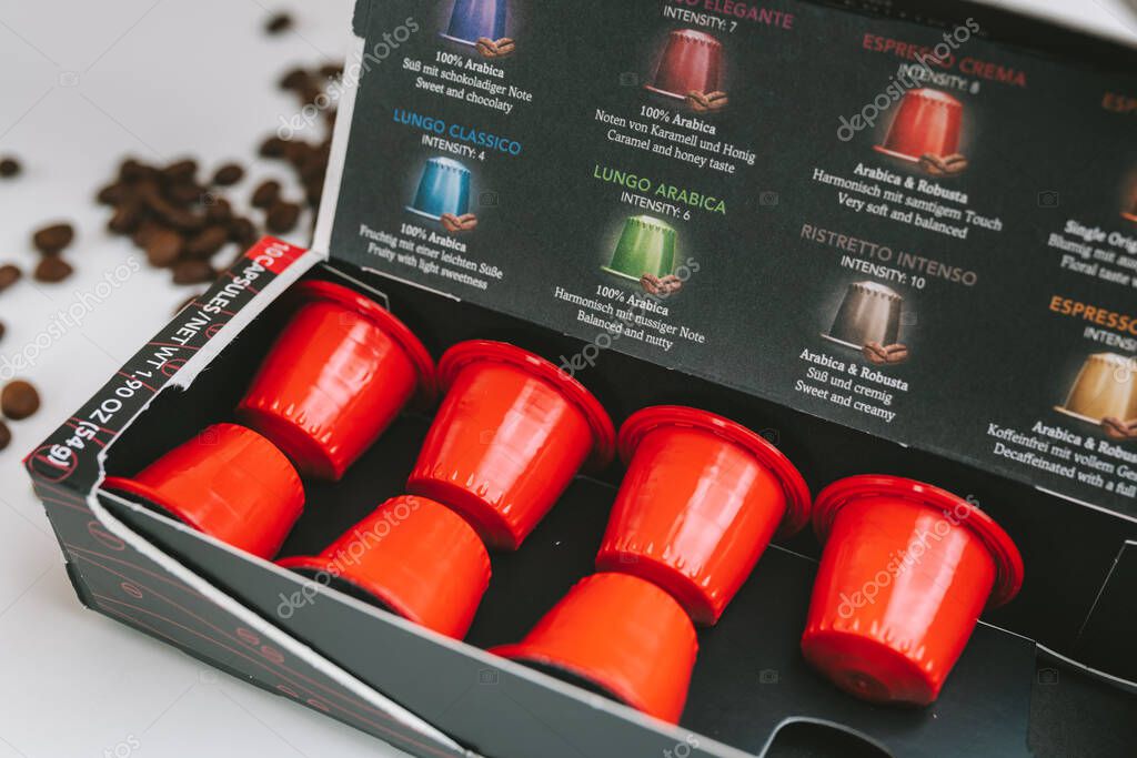 KAUNAS, LITHUANIA - MARCH 06, 2020: Julius Meinl coffee capsules isolate on white background
