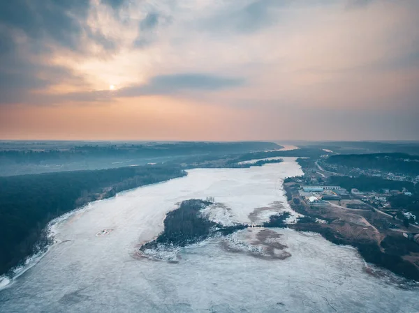 Vista Aérea Drones Del Lago Congelado Kaunas Lituania — Foto de Stock