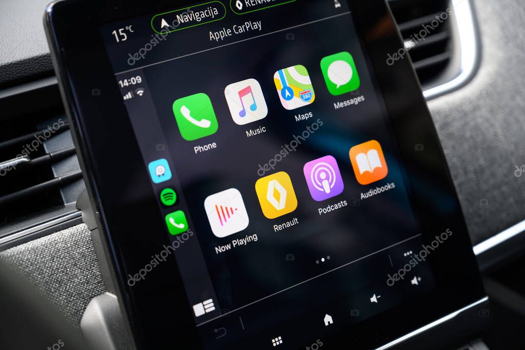 KAUNAS, LITHUANIA - MAY 15, 2020: New Renault Zoe electrical car. Closeup view of EASY LINK multimedia system wiht Apple Carplay icons.